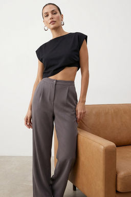 Antrasit Wide Leg/Genis Paca Dokuma Kumas Pantolon TWOAW22PL0139