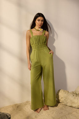 TRENDYOLMILLA Haki Keten Kar?s?ml? Genis Paca Kare Yaka Lastik Detayl? Tulum TWOSS25TU00050