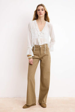 Camel Inci Detayl? Y?kama Efektli Yuksek Bel %100 Pamuk Wide Leg Jeans TWOSS26JE00055 - Trendyolmilla фото 4
