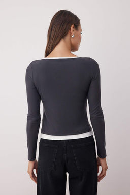 Antrasit Duz Renk Bloklu Fitted/Vucuda Oturan Uzun Kollu Esnek Orme Bluz TWOAW26BZ00133