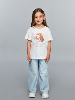 Bisiklet Yaka Bask?l? K?z ?ocuk Ti??rt