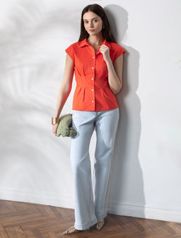 Блузка приталенного кроя с коротким рукавом из легкого хлопкового поплина - Vilatte фото 5