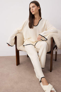 Ekru Biyeli Viskon Dokuma Pijama Tak?m? THMAW26PT00087 - Trendyolmilla фото 2