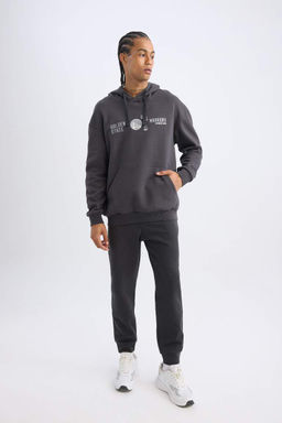 Мужской антрацитовый толстый свитшот DeFactoFit NBA Golden State Warriors свободного покроя с капюшоном и принтом  фото 2