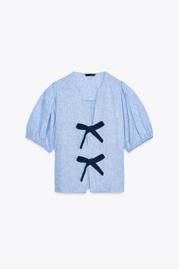 LINEN BLEND TIE BLOUSE