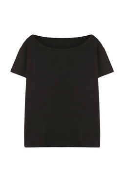 Siyah %100 Pamuk Oversize/Genis Kal?p Kay?k Yaka Orme T-Shirt TWOSS20TS0140