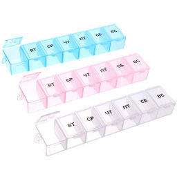 Цена за 10 шт. Таблетница - органайзер 7 ячеек "Неделька", цвет голубой, розовый и прозрачный, 15*3*2см (пакет с подвесом)