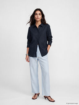 Keten Kar???ml? Oversize Kad?n G?mlek