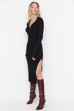 TRENDYOLMILLA Siyah Fake Triko Vucuda Oturan Polo Yaka Maxi Fitilli Esnek Orme Kalem Elbise TWOAW23EL00164 фото 3