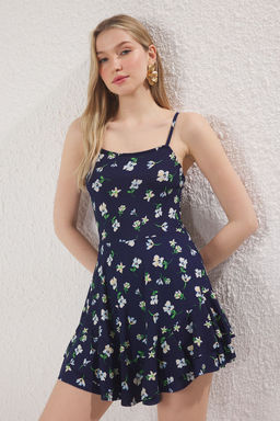 Lacivert Bask?l? Ask?l? Volanl? Sortlu Mini Tulum TWOSS23TU00044