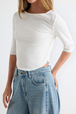 Ekru %100 Pamuk Truvakar Kol Bisiklet Yaka Crop Kol Ucu Detayl_ _rme T-Shirt TWOAW27TS00042 - Trendyolmilla фото 3