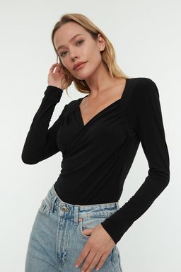Siyah Vatkal? Drape Detayl? Fitted/Vucuda Oturan Esnek C?tc?tl? Orme Body TWOAW22BD0156