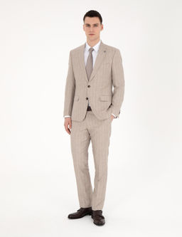 Bej Slim Fit Y_n Keten Kar___ml_ _izgili Tak_m Elbise