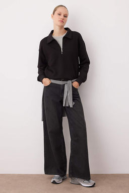 Siyah Regular/Normal Kal?p Fermuar Detayl? Kal?n Orme Sweatshirt TWOAW26SW00108