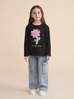 Bisiklet Yaka ?i?ekli K?z ?ocuk Ti??rt