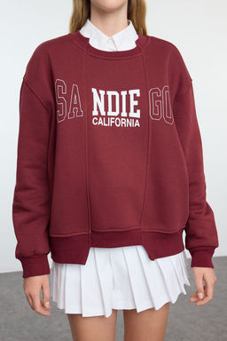 Bordo Slogan Bask?l? Oversize/Genis Kal?p Etek Ucu Detayl? Orme Sweatshirt TWOAW25SW00100 - Trendyolmilla фото 3