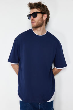 Lacivert Oversize/Genis Kesim Beyaz Panelli K?sa Kol %100 T-Shirt TMNSS22TS0225 - Trendyolmilla фото 3