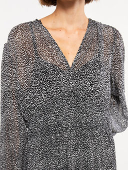 V Yaka Desenli Uzun Kollu ?ifon Elbise