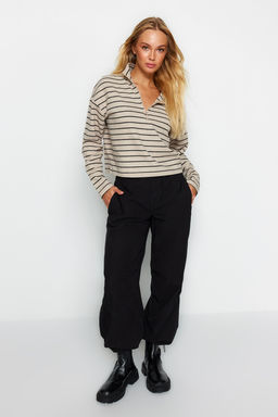 Ac?k Bej Cizgili Selanik Fermuarl? Dik Yaka Regular/Normal Kal?p Orme Sweatshirt TWOAW22SW0732