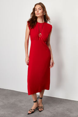 K?rm?z? A Kesim Bisiklet Yaka Kolsuz Aerobin Midi Dokuma Elbise TWOSS24EL00601