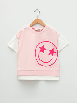 Bisiklet Yaka Emoji Bask?l? K?sa Kollu K?z ?ocuk Sweatshirt