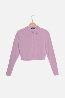 Lila Dugmeli Fitted/Vucuda Oturan Polo Yaka Burumcuk/Dokulu Crop Orme Bluz TWOAW22BZ0241