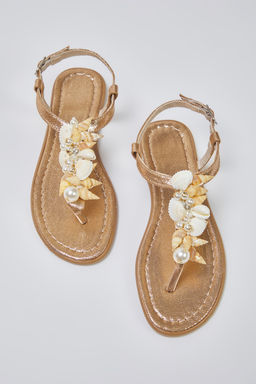 Bronz Deniz Kabuklu Inci Detayl? Parmak Aras? Kad?n S?k Sandalet TAKSS25SD00008