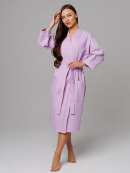 Женский укороченный вафельный халат с планкой сиреневый В-11 (18)
