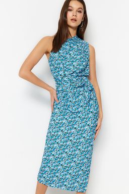 Mavi Bask?l? Vucuda Oturan Tek Omuz Asimetrik Degaje Detayl? Orme Esnek Kalem Elbise TWOSS23EL02182