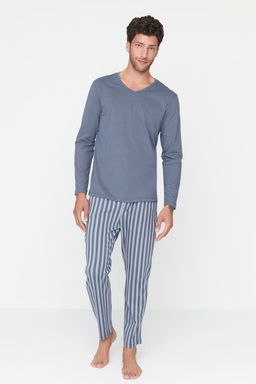 TRENDYOL MAN Ac?k Mavi Regular Fit Bask?l? Orme %100 Pamuk Pijama Tak?m? THMAW21PT0715 - Trendyolmilla фото 2