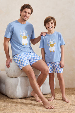Unisex Mavi K_sa Kollu Pamuklu Ekose Desenli _rdek Bask_l_ _ortlu Pijama Tak_m_ TMNAW26PT00008 - Trendyolmilla фото 2