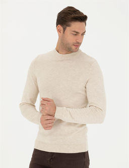 Krem Melanj Slim Fit Yar_m Bal_k__ Yaka Basic Triko Kazak
