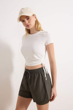 Ekru Buzgulu Baglama Detayl? Micro Kumas Orme Spor T-Shirt THMSS26TS00003