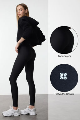 TRENDYOLMILLA Siyah Reflektor Bask? Detayl? Tam Boy Orme Spor Tayt THMAW25TY00022