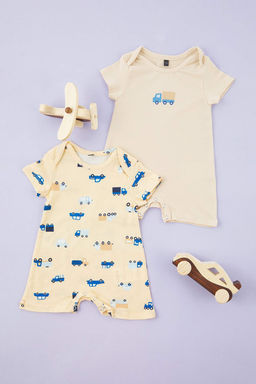 Turuncu Pamuklu 2li Araba Bask?l? K?sa Kol Erkek Bebek Orme Tulum TKDSS25TU00017 - Trendyolmilla фото 2