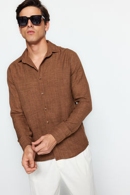 Kahverengi Slim Fit Keten Gorunumlu Gomlek TMNAW24GO00093 - Trendyolmilla фото 2