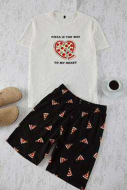 Trendyolmilla Man Ekru Siyah Regular Fit Pizza Bask?l? %100 Pamuk Couple Orme Erkek Pijama Tak?m? TMNSS25PT00048  фото 6