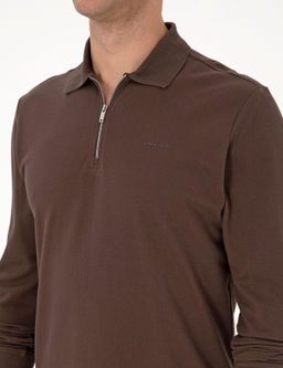 Koyu Kahverengi Slim Fit K_vr_lmaz Fermuarl_ Polo Yaka Basic Pike Sweatshirt - Pierre cardin фото 6