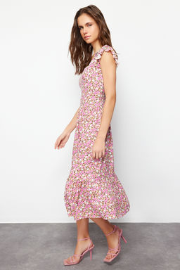 Lila Cicek Desenli Kare Yaka A Kesim Viskon Midi Dokuma Elbise TWOSS20EL3331