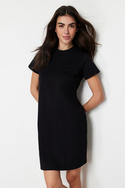 TRENDYOLMILLA Saks %100 Pamuk Cep Detayl? Bisiklet Yaka K?sa Kol Orme T-shirt Elbise TWOSS24EL00120  фото 3