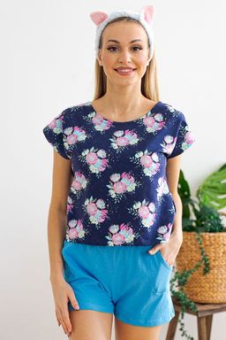 Комплект женский из футболки со спущенным плечом и шорт Fairy-tale цветы на темно-синем - Амадэль фото 12