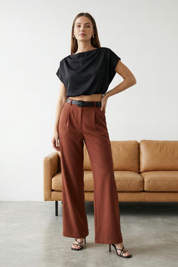 Koyu Kahverengi Yuksek Bel Wide Leg/Genis Paca Pilili Dokuma Kumas Pantolon TWOAW21PL0076