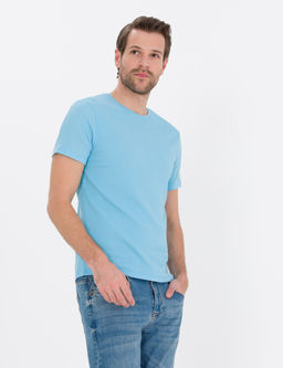 A__k Mavi Slim Fit Dokulu Bisiklet Yaka Ti__rt