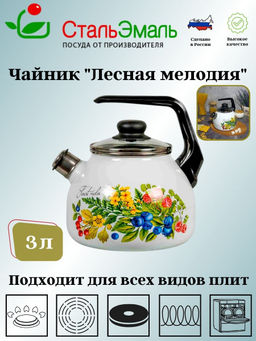 Чайник для плиты 3,0л сф. со свистком 4с209я Лесная мелодия белосн.