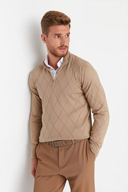 Camel Regular Fit Pamuklu Yar_m Bal_k__ Fermuarl_ Yaka Smart Triko Kazak TMNAW23KZ00215