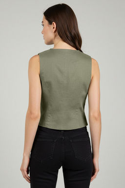 Ac?k Haki Fitted Keten Gorunumlu V Yaka Crop Dokuma Yelek TWOSS25YE00028