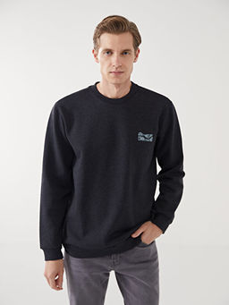 Bisiklet Yaka Bask?l? Erkek Kal?n Sweatshirt