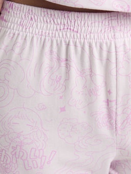 Комплект женский (футболка, бриджи) фиолетовый с принтом "комиксы"