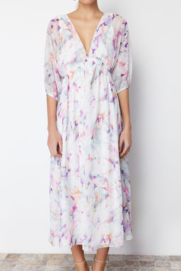 Pembe Soyut Desenli Etegi Belden Ac?lan Maxi Sifon Astarl? Dokuma Elbise TWOSS24EL00611 - Trendyolmilla фото 9