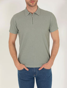 Haki Slim Fit Fermuarl_ Polo Yaka Ti__rt